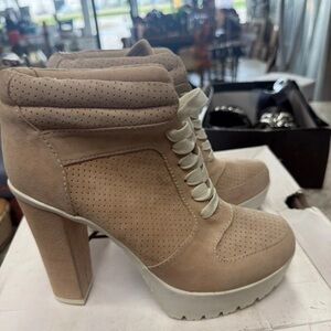 Aldo Beige Perforated Lace-Up Platform Ankle Boots